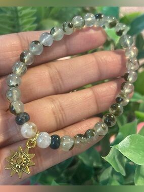 Handmade prehnite with epidote + citrine stretchy bracelet with sun charm
